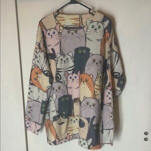 Cozy Cat Patterned Wool & Cotton blend Sweater - Multicolor size XXL